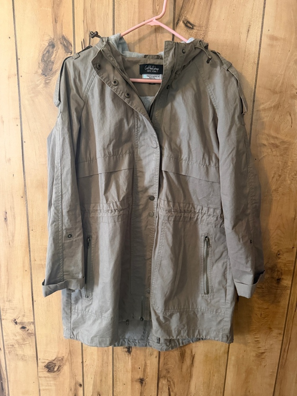 Coffee Shop Taupe Hooded Utility Jacket with Adjustable Waist